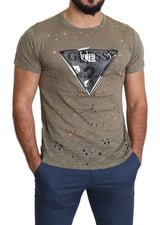 Guess Brown Cotton Stretch Logo Print Men Casual Perforated T-shirt