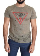 Guess Brown Cotton Stretch Logo Print Men Casual Perforated T-shirt