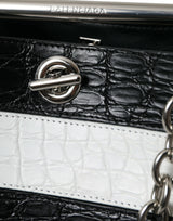 Balenciaga Black White Striped Exotic Skin Leather Maxi Bucket Tote Bag